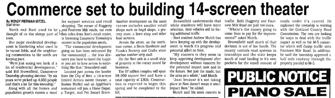 Regal UA Commerce Township - Novi News 1997 Article
